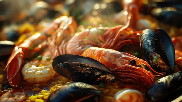 A plate of food with shrimp, mussels, and other seafood. The shrimp are on the left side of the plate, and the mussels are on the right