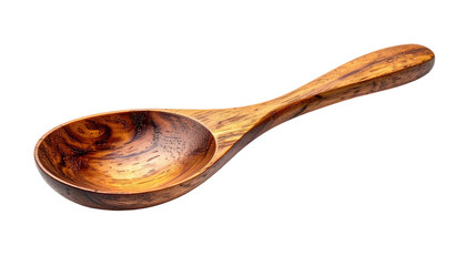 Isolated, close-up shot of a polished wooden spoon with a deep bowl, against a black background