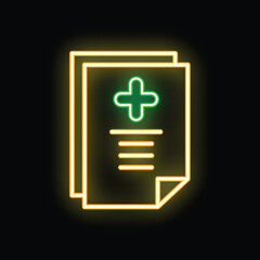 Fototapeta premium Glowing neon sign showcasing medical history documents with a prominent green cross symbol