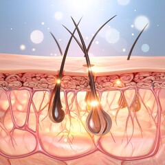 Cross-section illustration of skin with hair follicles and epidermal layers