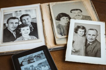 vintage photo album placed next to a tablet showing a family video call, soft daylight, no hands visible, past and present connection