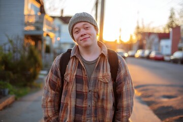 young adult with Down syndrome wearing casual work clothes, walking home after a shift, evening light, quiet pride, everyday inclusion