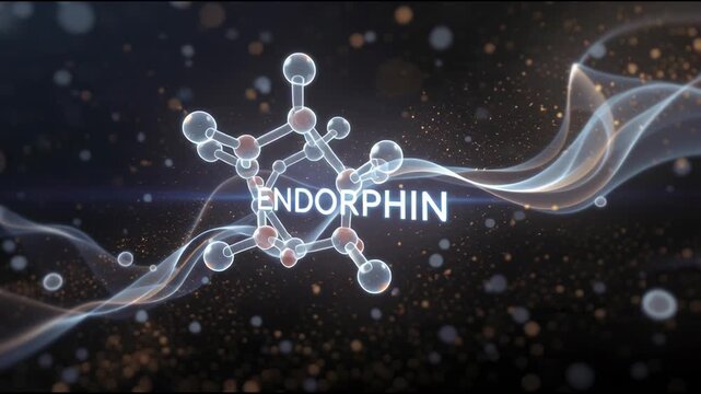 Molecular structure of Endorphin, the happiness molecule, displayed in a scientific and futuristic setting with glowing particles