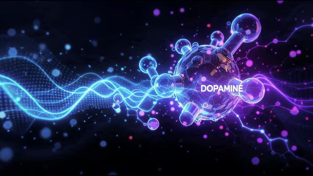 Futuristic digital depiction of a dopamine molecule, highlighting its role in neural communication and the intricate chemical concepts governing brain function