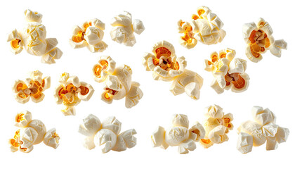 Isolated, detailed shot of popped popcorn pieces, seemingly floating against a black background