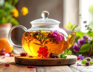 A glass teapot with floral infusion, steam rising on wooden surface