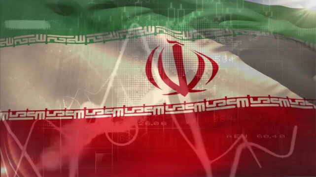 Animation of financial data processing over flag of iran