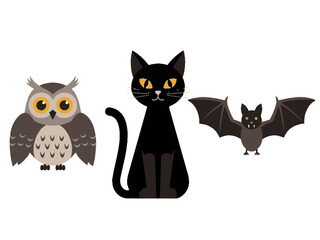 Fototapeta premium An owl a black cat and a bat arranged horizontally against a white background