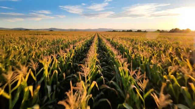 Scenic perspective of a cornfield bathed in the golden light of sunset with rows of crops stretching towards the horizon
