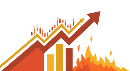 Dynamic illustration depicting a fiery financial market surge with an upward-trending arrow and candlestick charts, symbolizing rapid growth and volatility.