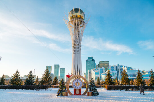 Astana, Kazakhstan - 01.01.2026: Baiterek - a monument and observation tower in the capital of Kazakhstan, Astana, at sunset, with New Year's decorations