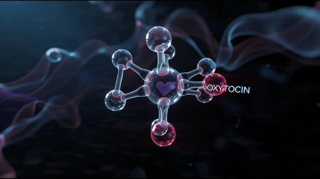 Abstract 3D rendering of the oxytocin molecule, often associated with love and emotional bonding, presented in a futuristic and scientific visualization