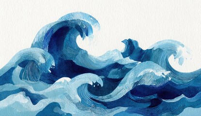 Dynamic blue waves in varying shades, rendered in a textured watercolor style