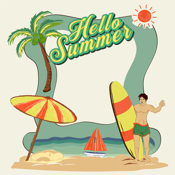 Tropical summer beach vector illustration featuring a sunny paradise landscape with palm trees, a sand shore, blue ocean waves, an umbrella, and a boat under a bright sky with a surfer on frame