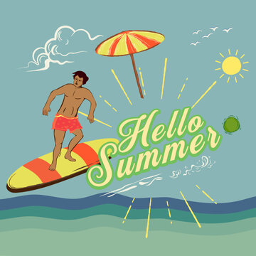 Vector illustration of a man surfing under the sun and blue sky with lettering Hello summer