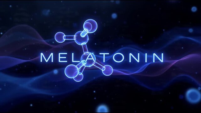 Dynamic digital illustration depicting a glowing Melatonin molecular structure, symbolizing natural sleep regulation and biochemical processes within the human body