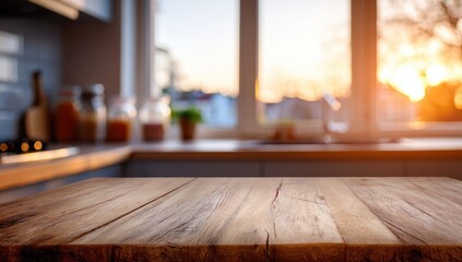 Empty wooden table in a sunlit kitchen, softly blurred background
