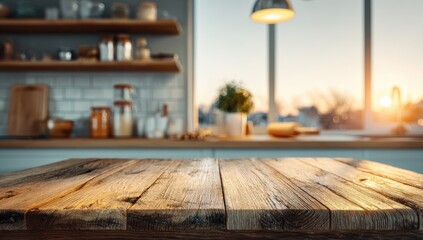 Rustic wooden tabletop in a sunlit kitchen with shelves