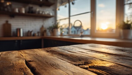 Rustic wooden table in a sunlit kitchen with view through window at sunset
