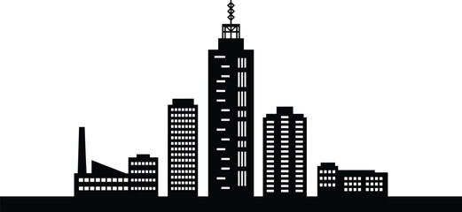 Obraz premium Modern city skyline silhouette, skyscraper buildings, urban downtown landscape, black and white vector illustration, minimal architecture design