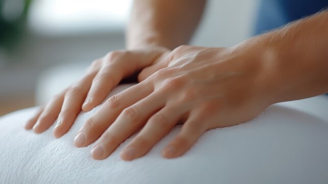 Close-up of therapist's hands massaging patient's knotted muscles.