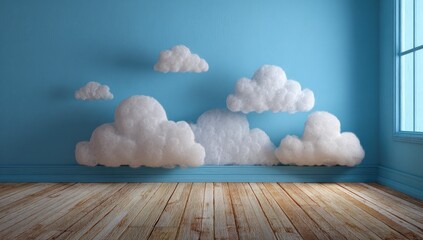 Soft, fluffy clouds adorning a tranquil blue wall with a wooden floor