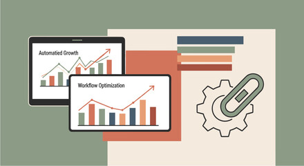 Digital illustration showcasing business growth and workflow optimization with graphs on tablets, alongside a gear and chain icon.