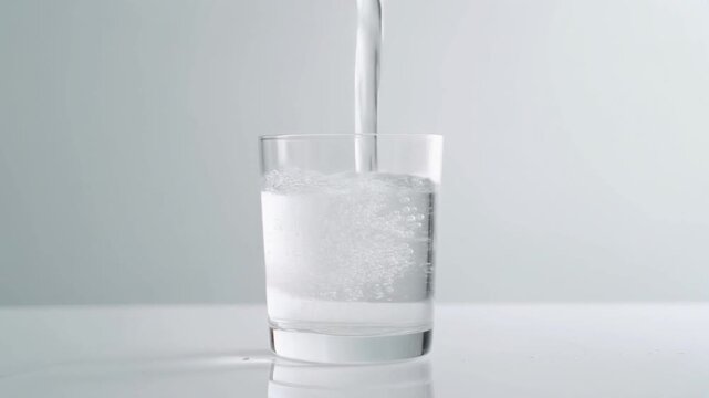 A stream of clear water fills a transparent glass, symbolizing purity and essential hydration in a simple, refreshing moment, highlighting a basic need and a feeling of revitalization