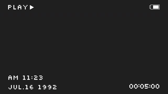 VHS tape playing camcorder overlay with time, date, and play buttons. Suitable for retro video intros, nostalgic themed projects, and digital displays.