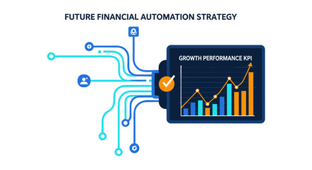 Dynamic illustration depicting future financial automation strategy, showcasing growth performance KPIs and data integration for business analytics and digital transformation.