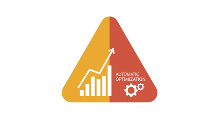 An abstract triangular icon representing automatic optimization with a rising bar graph and gears, symbolizing growth and efficiency in business processes.
