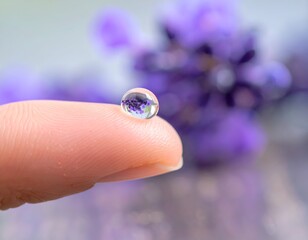 A clear water droplet perched on a fingertip, reflecting purple flowers