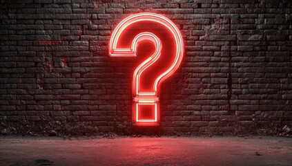 Glowing red neon question mark illuminates a dark brick wall, casting a vibrant glow