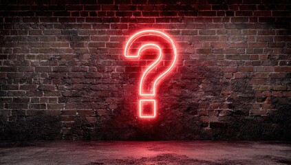 A bright red neon question mark glows on a textured brick wall
