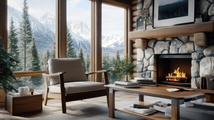 Naklejka premium A cozy cabin interior with a warm fireplace and a well-organized workspace, inviting both relaxation and productivity.