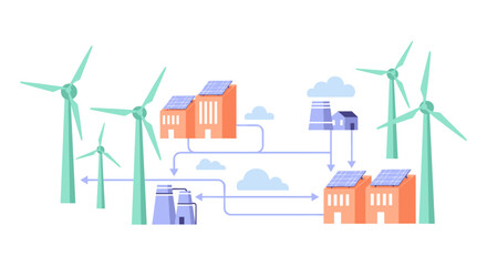 Modern illustration showcasing a sustainable energy grid with wind turbines, solar panels, and interconnected industrial buildings for eco-friendly power generation.