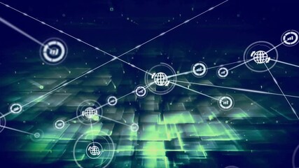 Network of interconnected icons and data processing animation over digital grid - Powered by Adobe