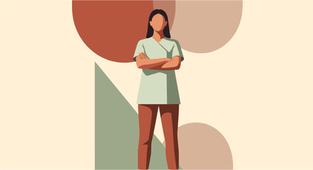 Confident female medical professional stands with arms crossed, embodying strength, dedication, and expertise in a modern, minimalist illustration.