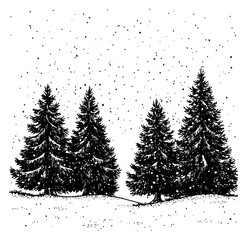 Obraz premium Hand drawn line art evergreen tree set featuring snowy firs and falling snow for winter holiday designs