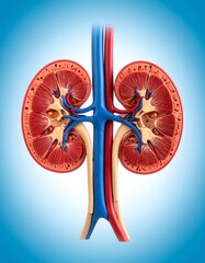 Cross-section anatomical illustration of the human kidneys and related vessels