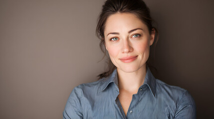 Professional female agent in business shirt smiling at camera, symbolizing customer service, consulting, corporate services and professional communication