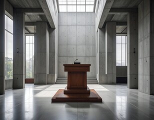 Large empty hall with wooden podium and concrete architecture