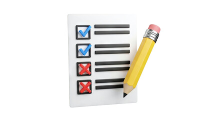 Checklist with Blue Checkmarks and Red Xs, Yellow Pencil