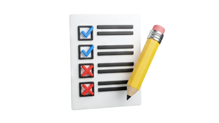 Checklist with Blue Checkmarks and Red Xs, Yellow Pencil