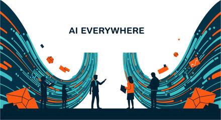 Abstract digital illustration depicting the pervasive influence of artificial intelligence across various industries and human interactions, showcasing innovation and future technology.