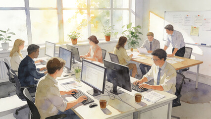 Fototapeta premium Modern Watercolor Illustration of a Diverse Professional Team Working in a Bright Open-Plan Office ,Radiant Watercolor Illustration of a High-Tech Office Space Symbolizing Innovation and Team Synergy