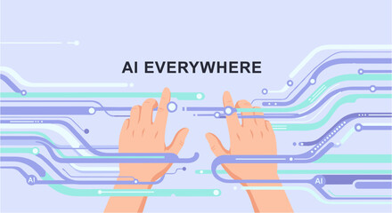 Conceptual illustration depicting human hands interacting with an intricate network of interconnected lines, symbolizing artificial intelligence integration and global digital connectivity.