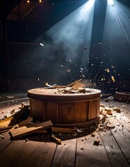 A wooden object explodes dramatically under bright beams of light