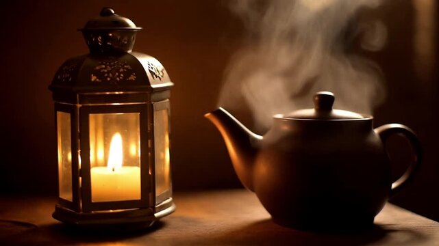 A serene lantern stands alone on a wooden table with a steaming teapot beside it after iftar, suggesting a moment of tranquility.