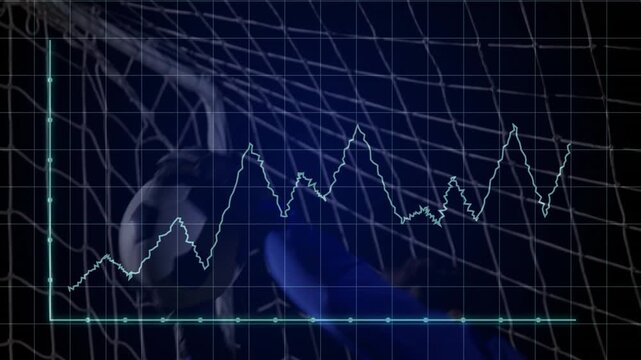 Animation of fluctuating financial graph over abstract blue and black background